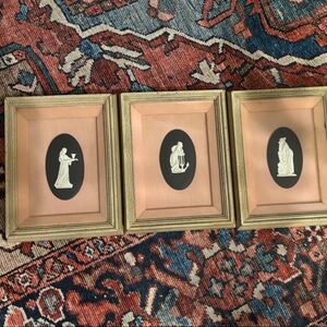 Set of 3 Wedgwood Classic Cameo Art with Jasperware Plaques on pink velvet.